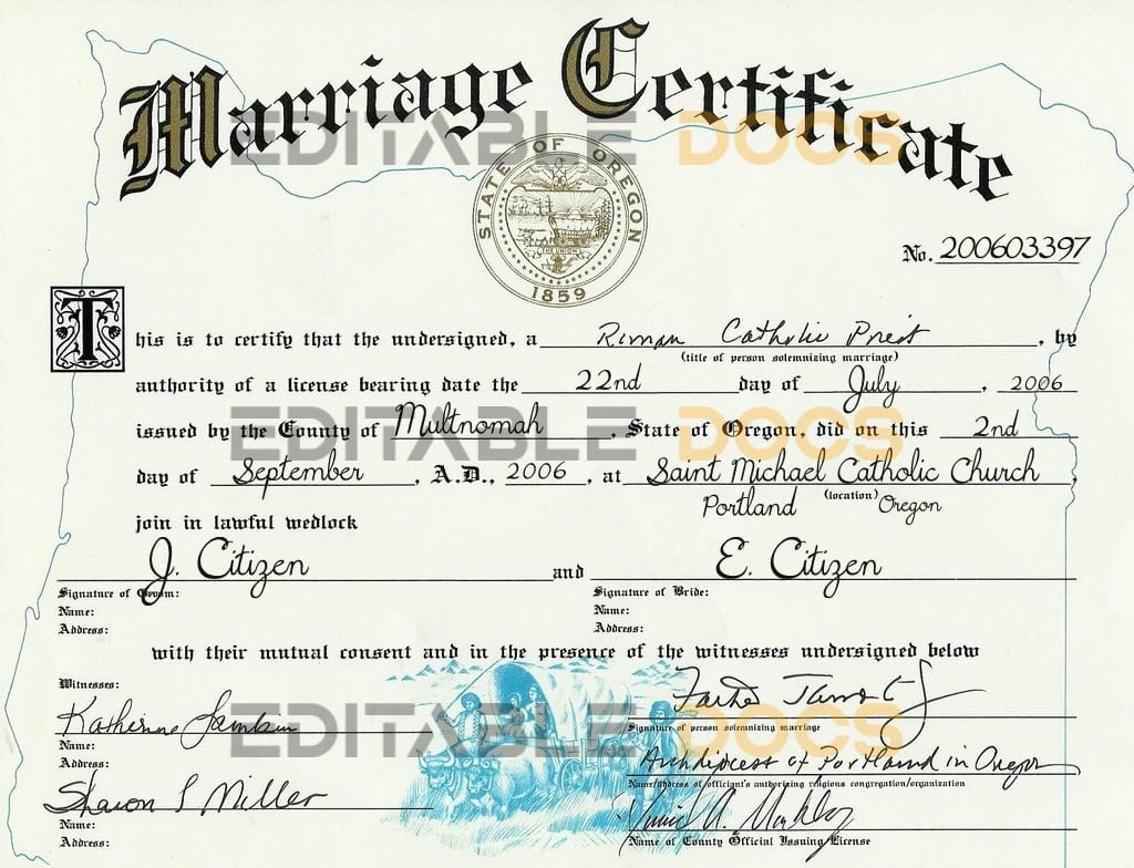 USA oregon Marriage Certificate | Editable PSD Templates