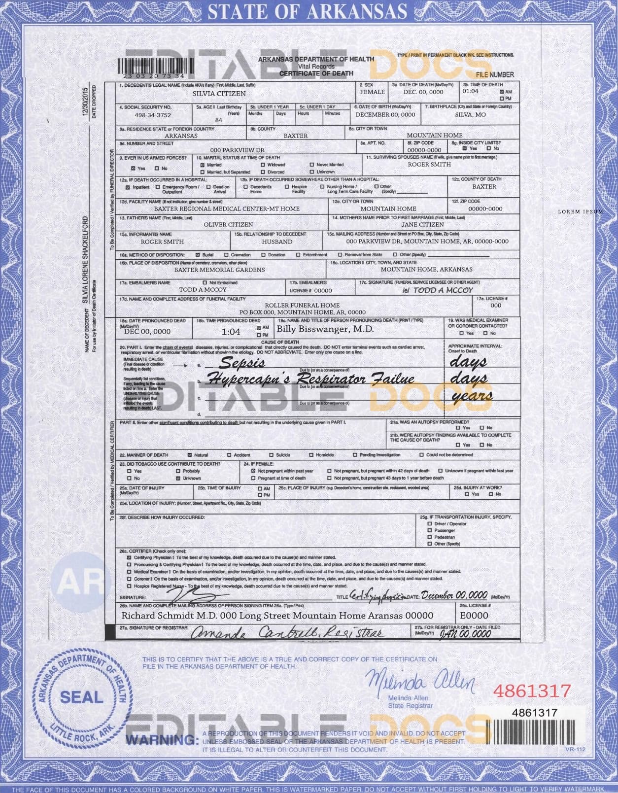Customizable USA state Arkansas Death Certificate PSD Templates | Instant Download