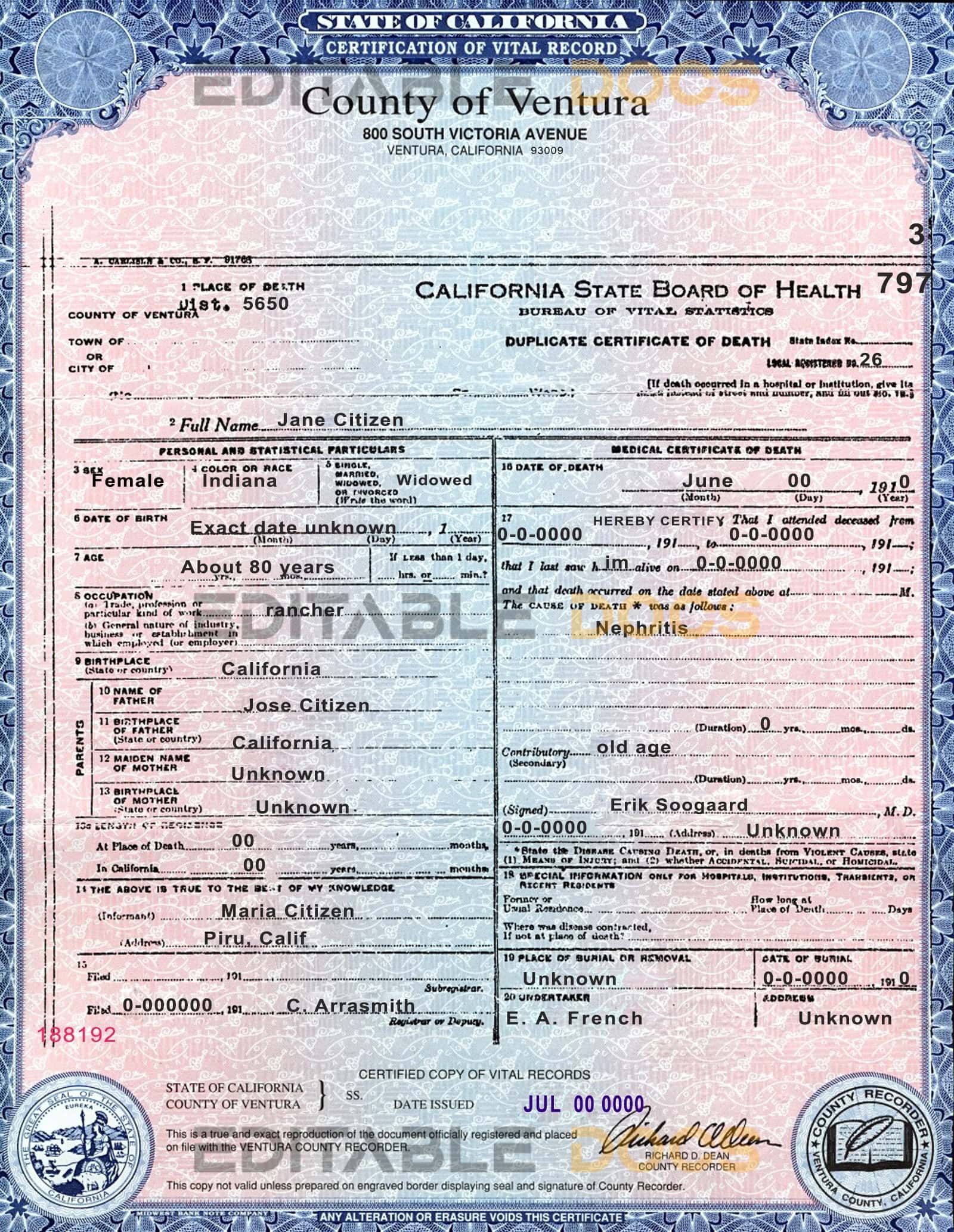 Customizable USA state California County of Ventura Death Certificate PSD Templates | Instant Download