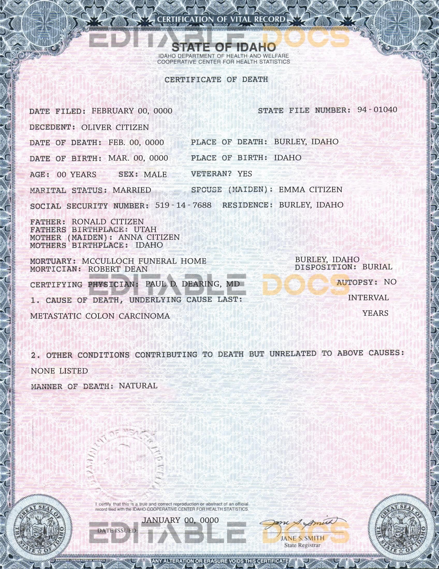 Customizable USA state Idaho Death Certificate PSD Templates | Instant Download