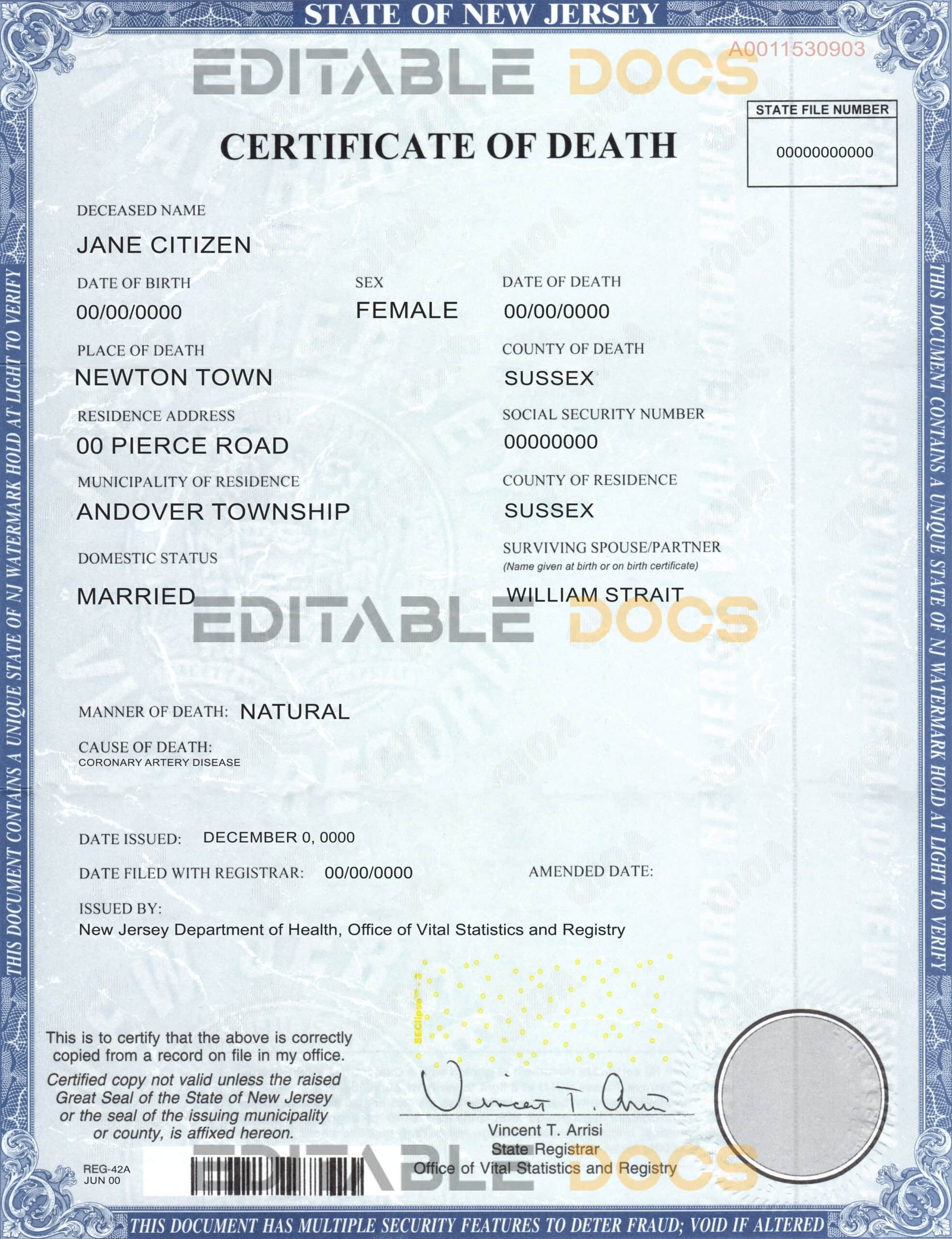 Customizable USA state New Jersey Death Certificate PSD Templates | Instant Download