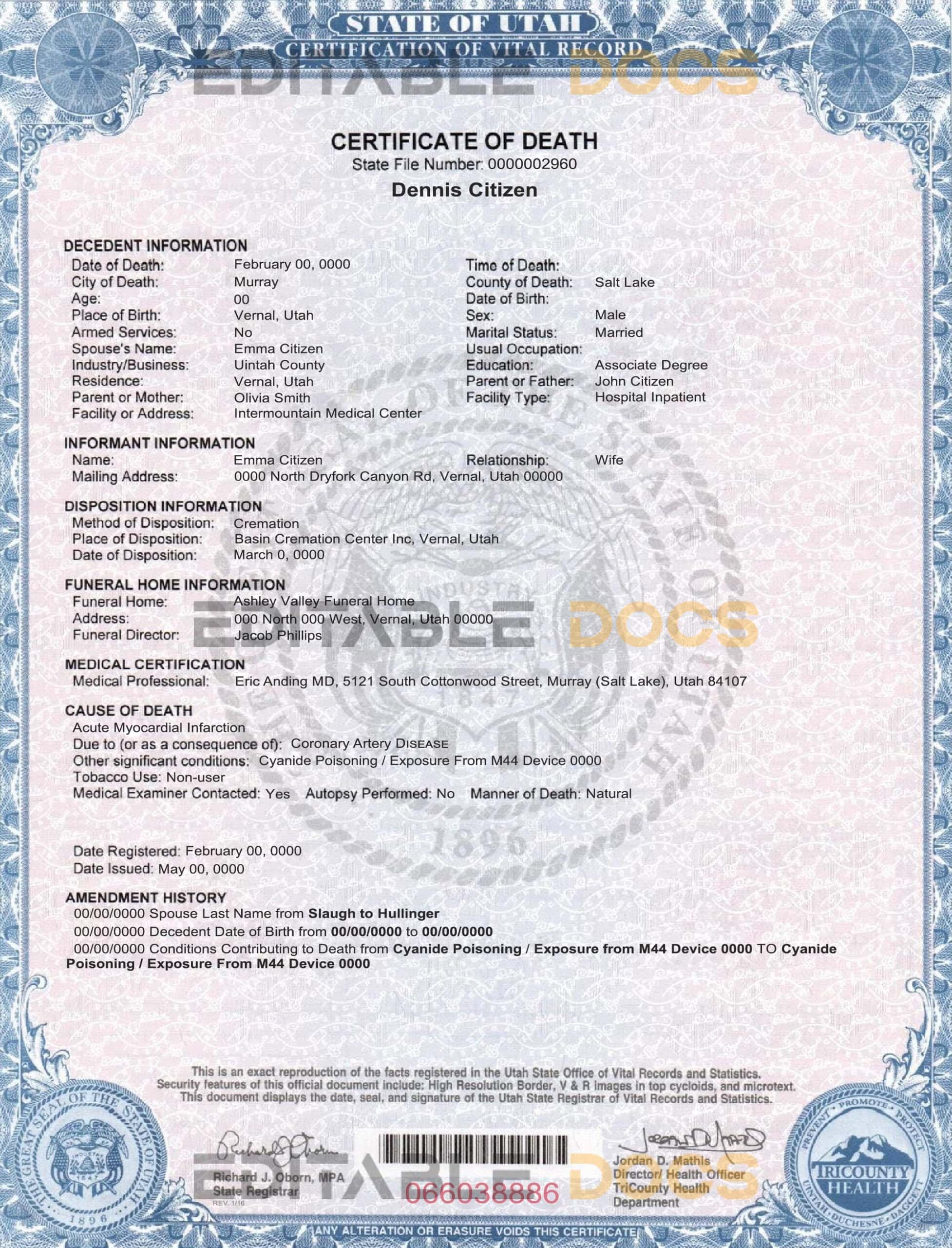 Customizable USA state Utah Death Certificate PSD Templates | Instant Download