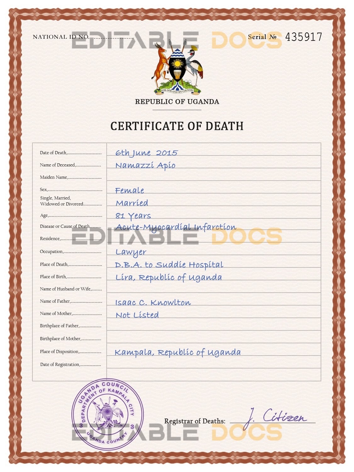 Customizable Uganda Death Certificate PSD Templates | Instant Download
