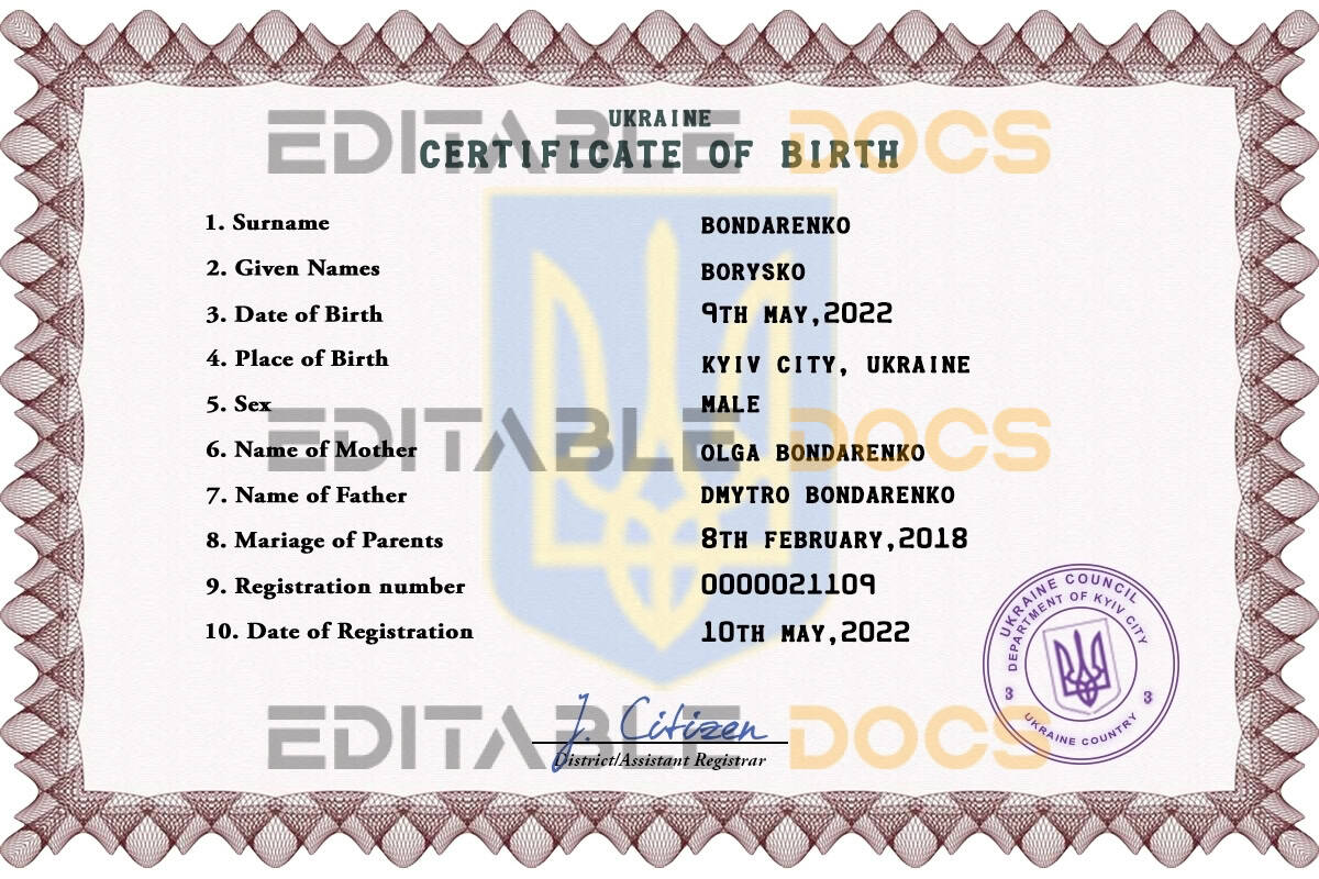 Authentic Ukraine Birth Certificate Template | Customize and Download Online