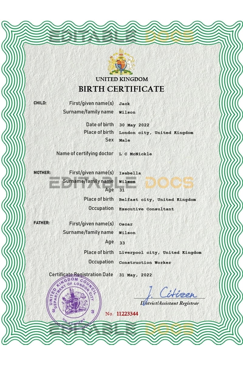 Authentic United Kingdom Birth Certificate Template | Customize and Download Online