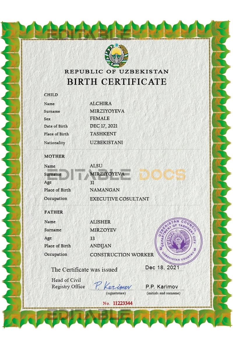 Authentic Uzbekistan Birth Certificate Template | Customize and Download Online