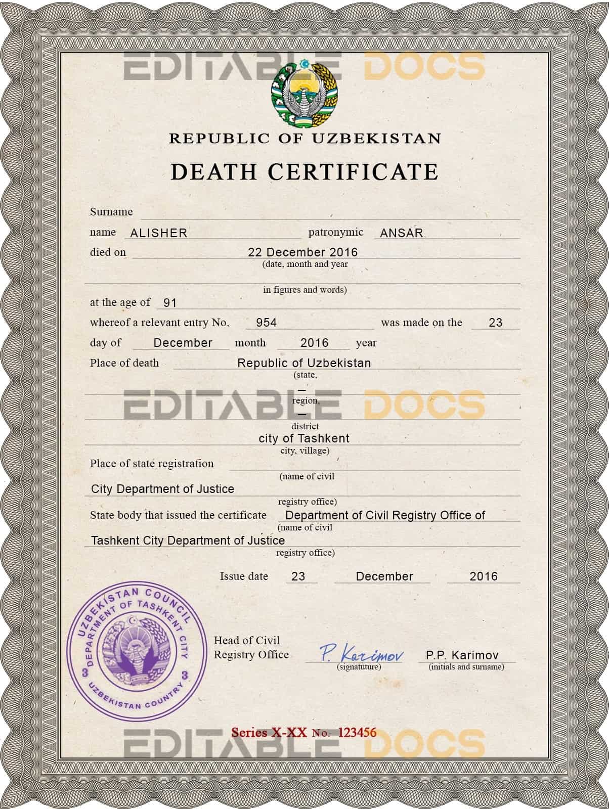 Customizable Uzbekistan Death Certificate PSD Templates | Instant Download