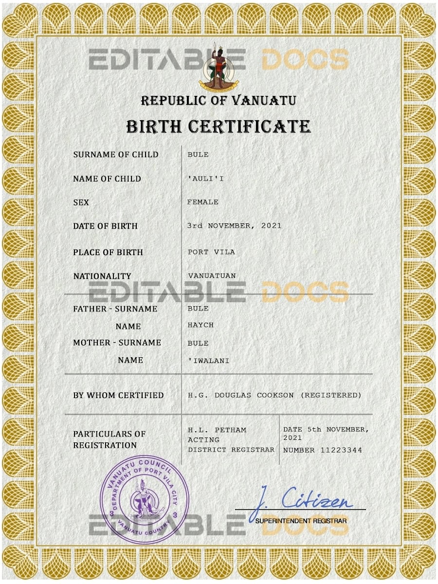 Authentic Vanuatu Birth Certificate Template | Customize and Download Online