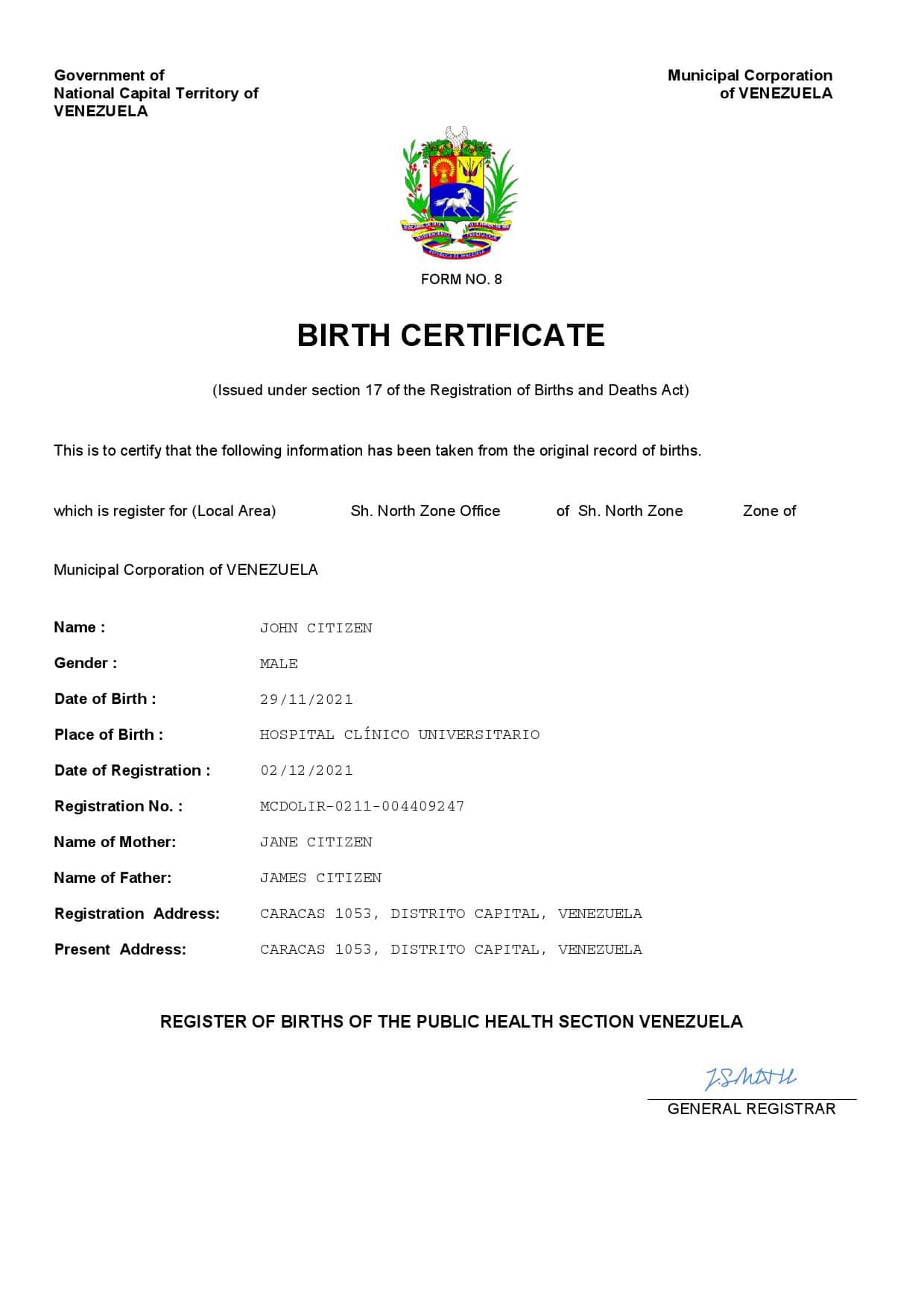 Authentic Venezuela Birth Certificate Template | Customize and Download Online