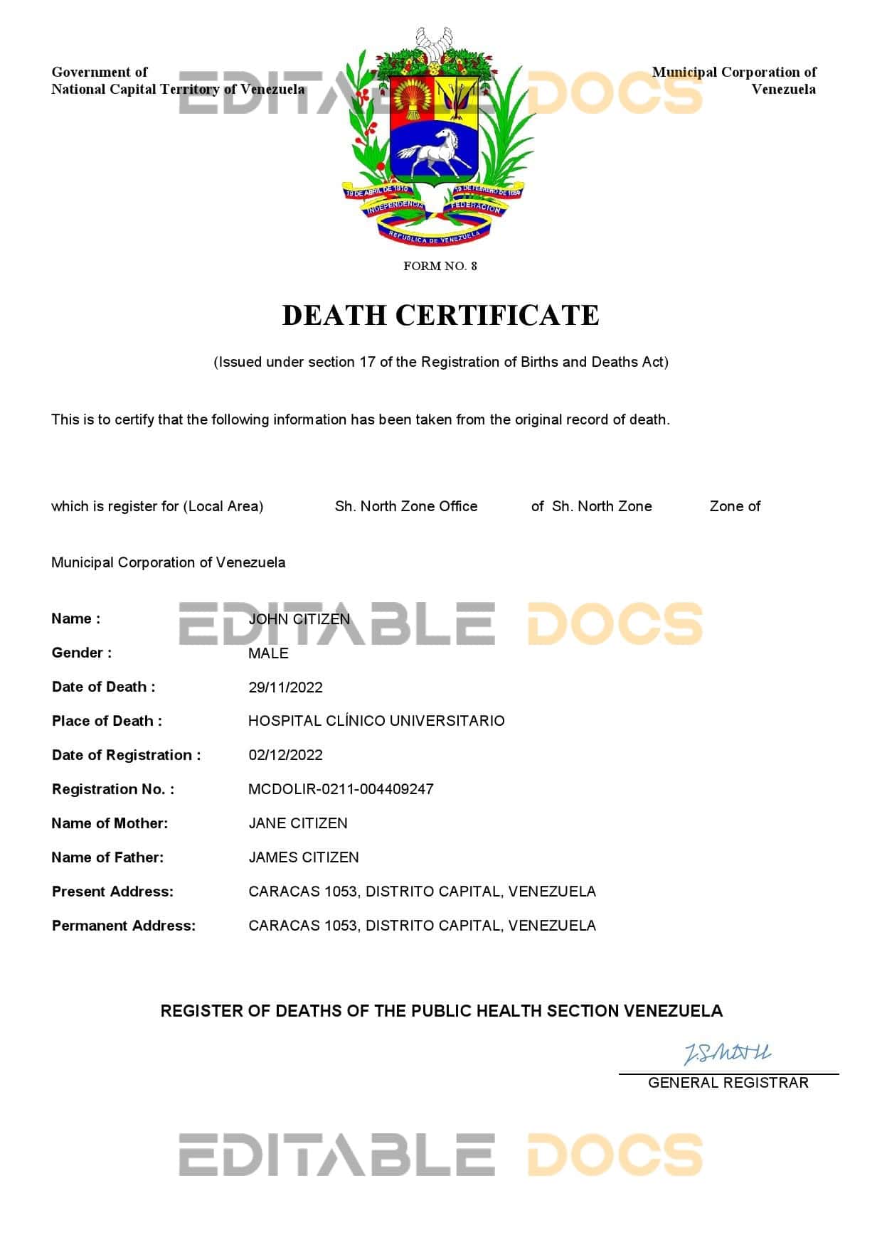 Fillable Venezuela Death PDF Templates | Blank Docs