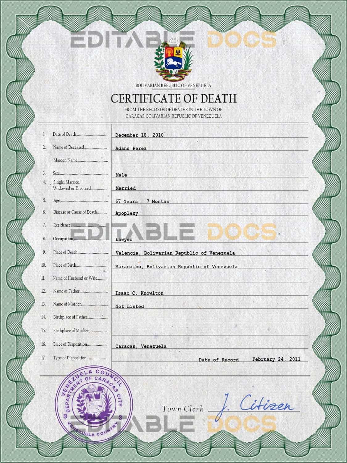 Customizable Venezuela Death Certificate PSD Templates | Instant Download