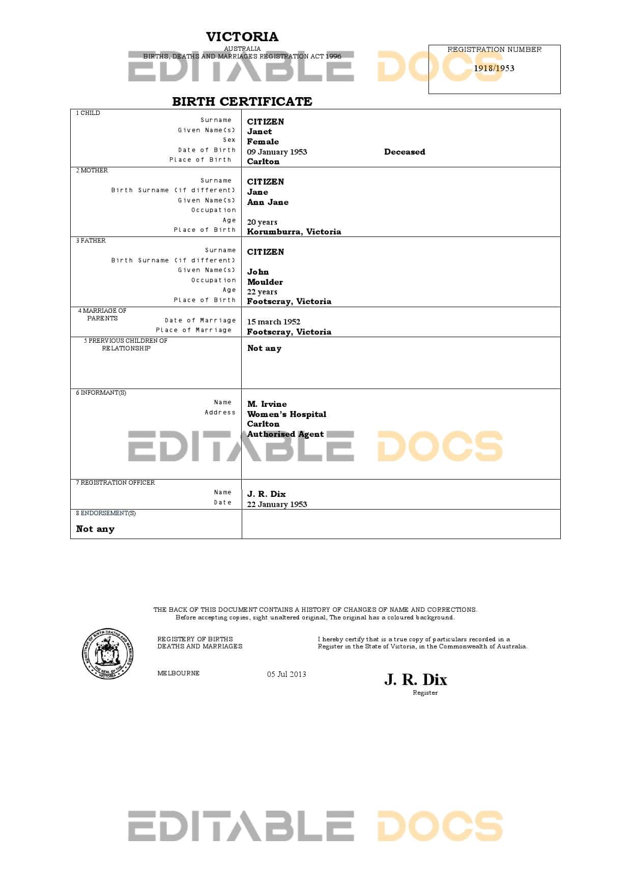 Authentic Australia Victoria Birth Certificate Template | Customize and Download Online