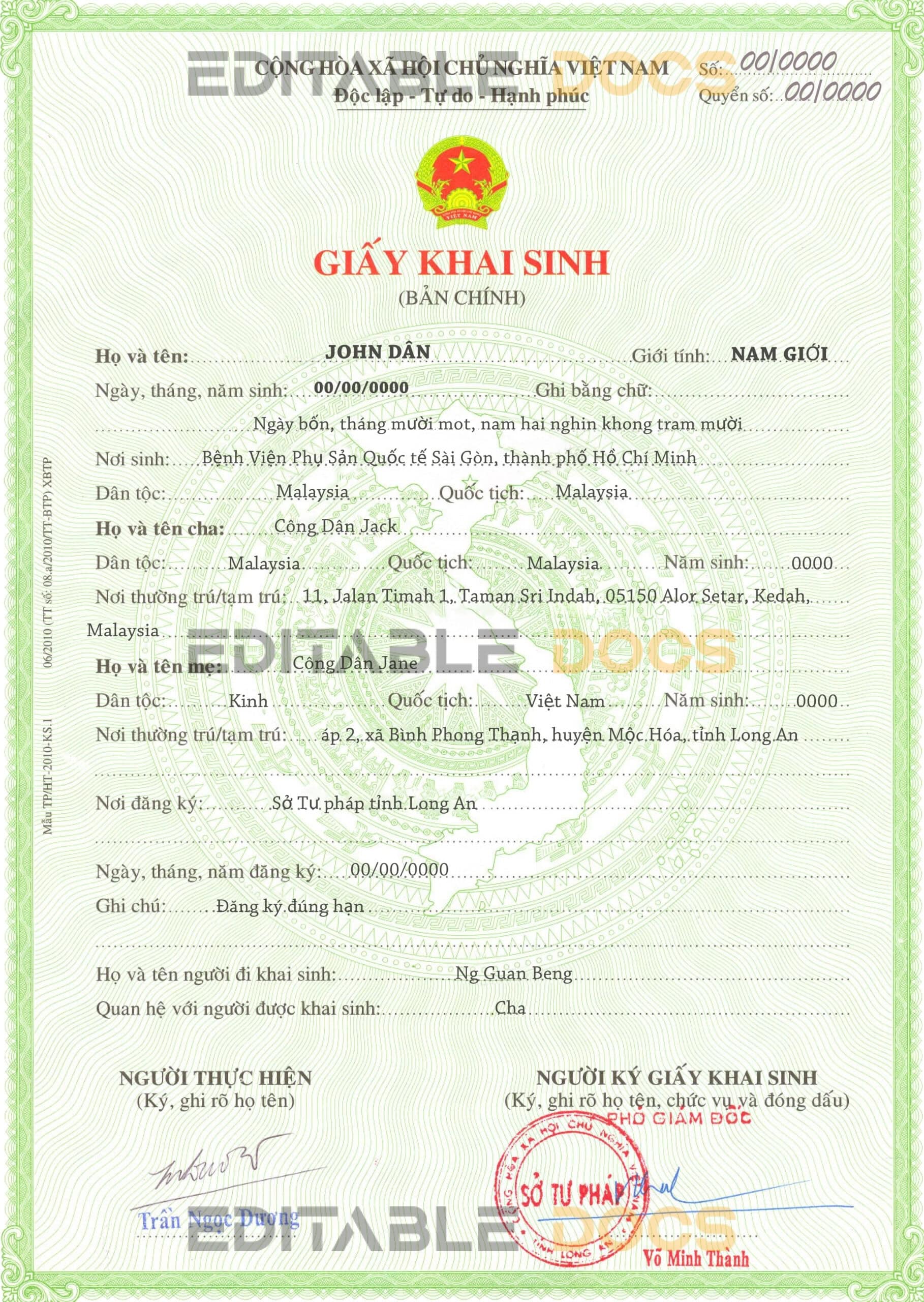 Authentic Vietnam Birth Certificate Template | Customize and Download Online