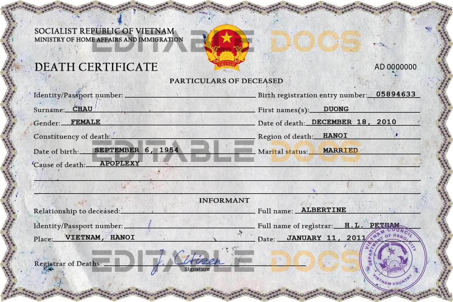 Customizable Vietnam Death Certificate PSD Templates | Instant Download