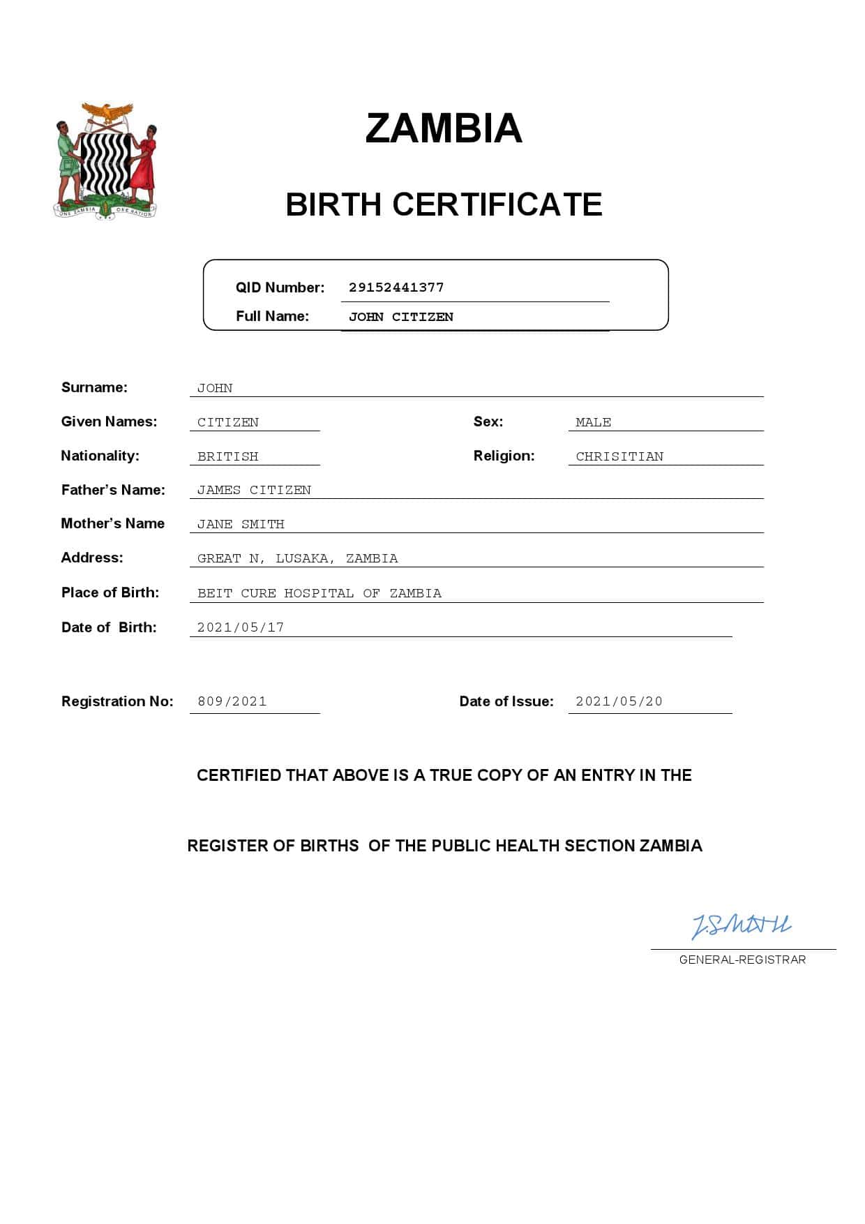 Authentic Zambia Birth Certificate Template | Customize and Download Online