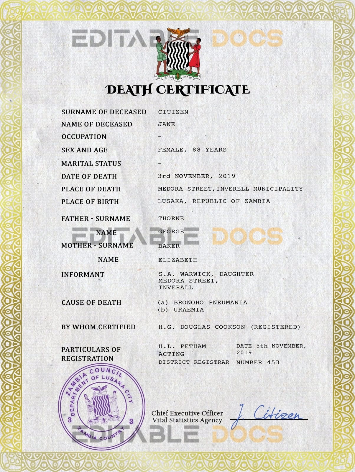 Customizable Zambia Death Certificate PSD Templates | Instant Download
