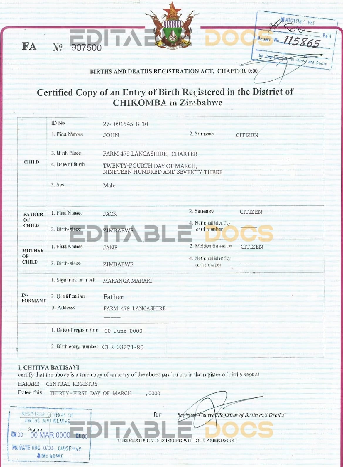 Authentic Zimbabwe Birth Certificate Template | Customize and Download Online