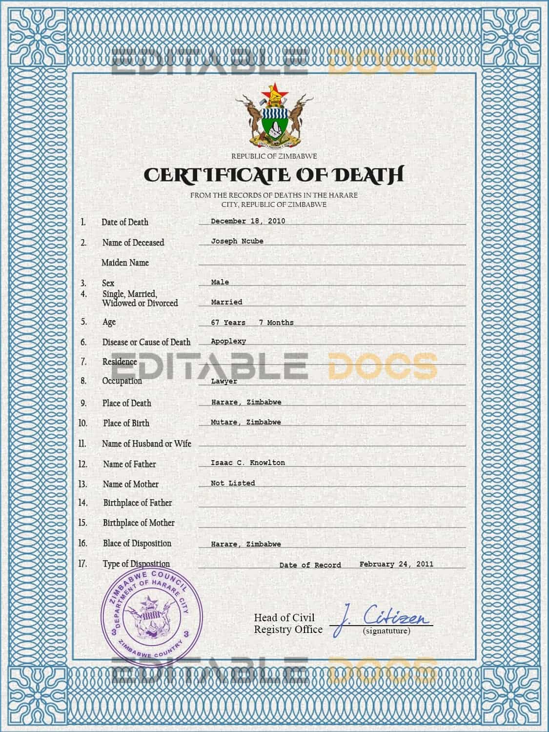 Customizable Zimbabwe Death Certificate PSD Templates | Instant Download