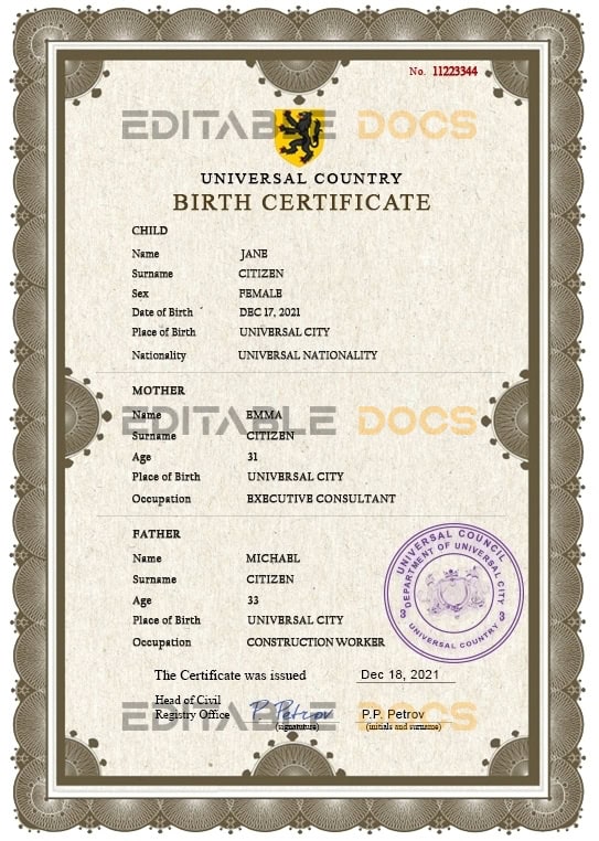 Authentic allied universal Birth Certificate PSD Template | Customize and Download Online