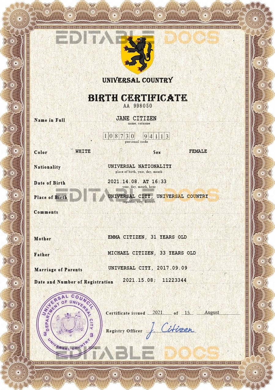 Authentic ammo universal Birth Certificate PSD Template | Customize and Download Online