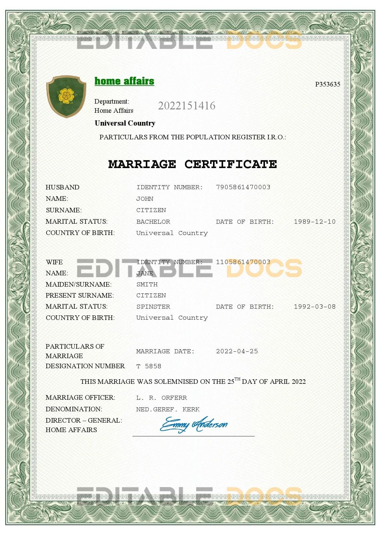 amore universal Marriage Certificate | Editable PDF Templates