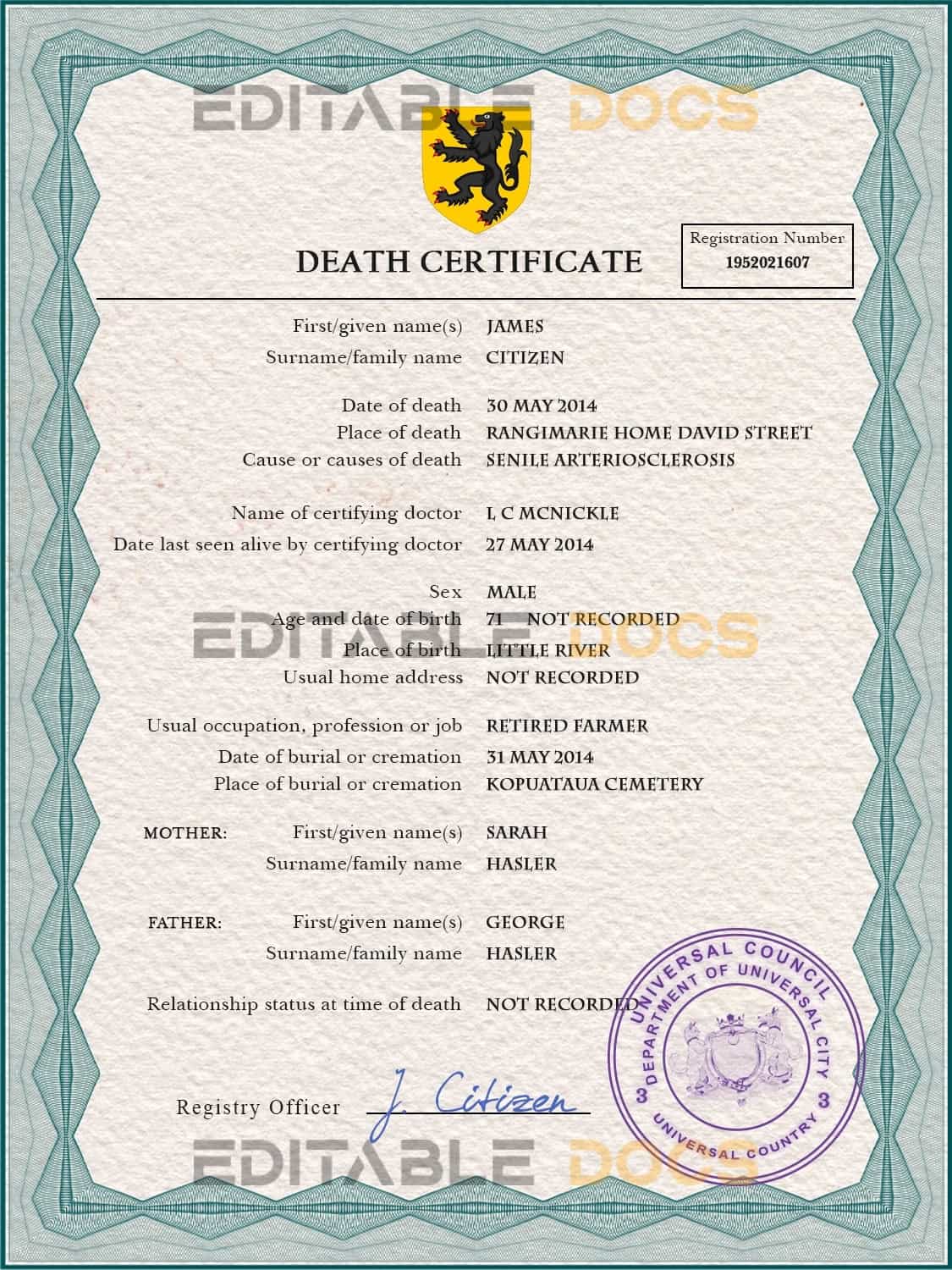 Customizable apex Death Certificate PSD Templates | Instant Download