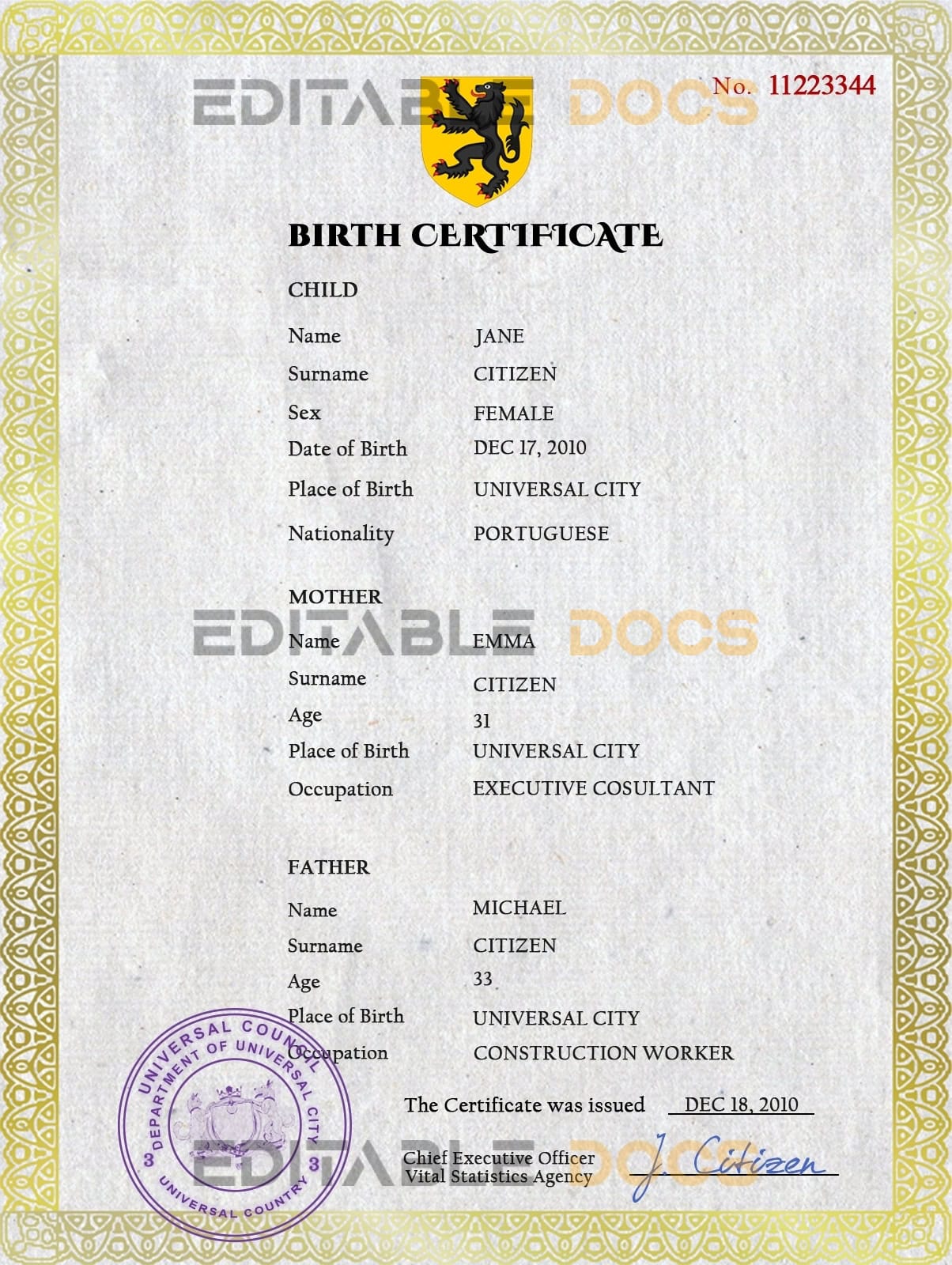 Authentic benefits universal Birth Certificate PSD Template | Customize and Download Online