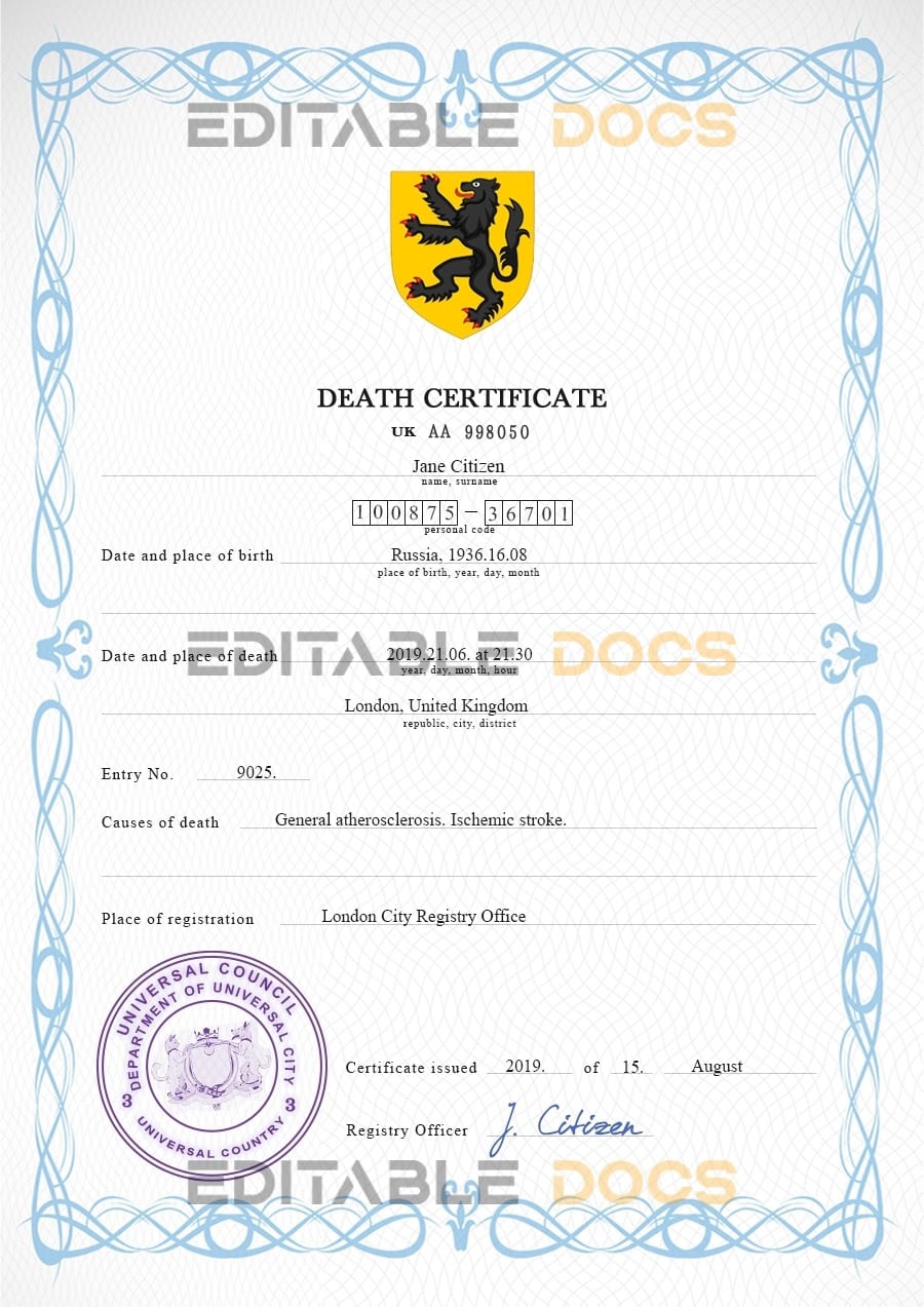 Customizable blackout Death Certificate PSD Templates | Instant Download