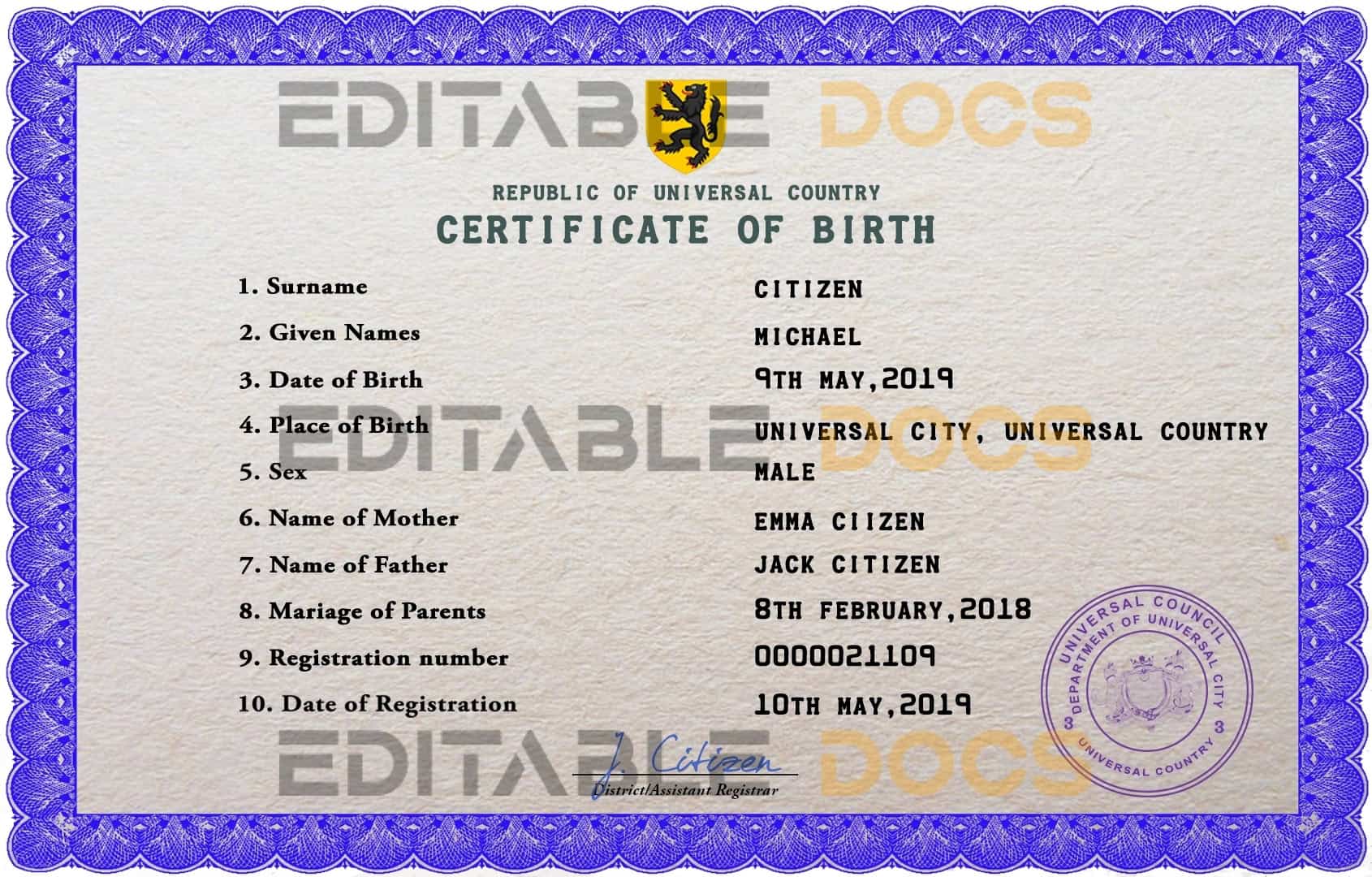 Authentic bold universal Birth Certificate PSD Template | Customize and Download Online