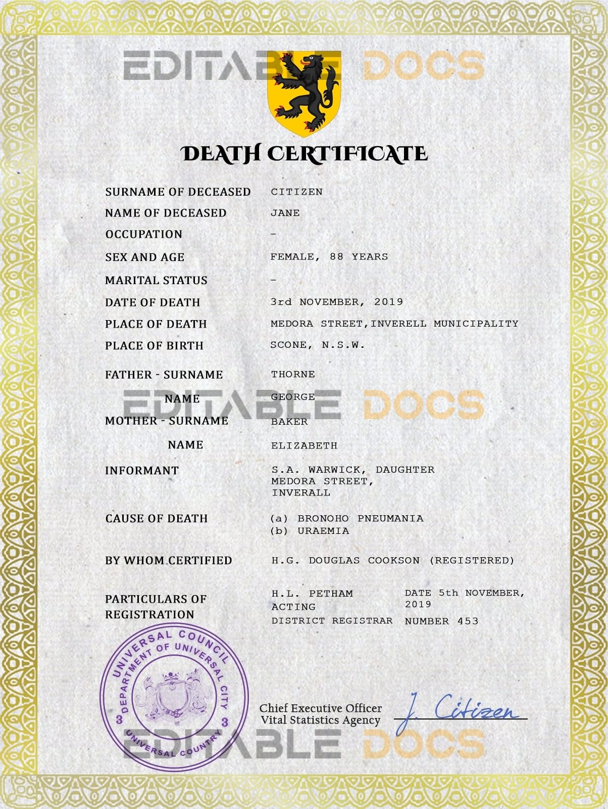 Customizable broadcast Death Certificate PSD Templates | Instant Download