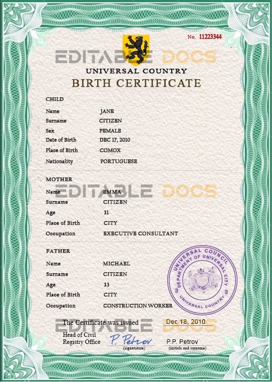 Authentic broadcast variety universal Birth Certificate PSD Template | Customize and Download Online