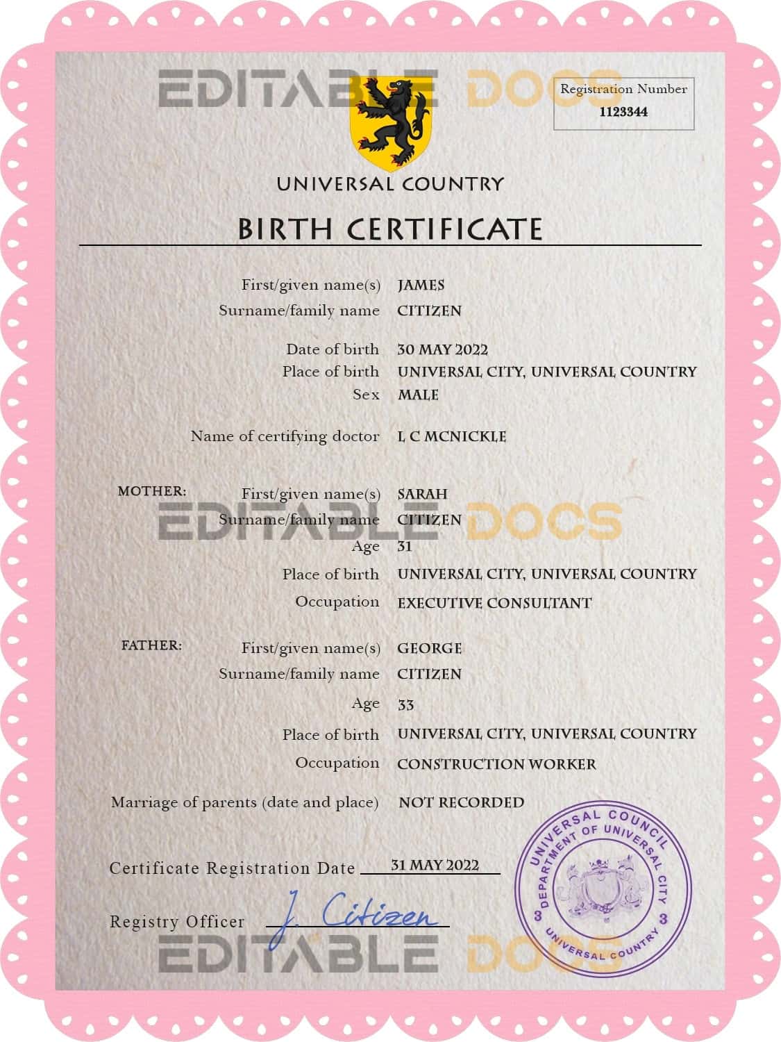 Authentic busk universal Birth Certificate PSD Template | Customize and Download Online