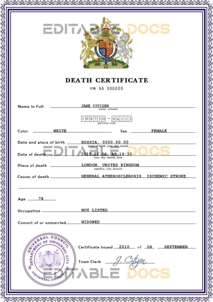 Customizable Certificate Expert Vital Record Universal Death Certificate PSD Templates | Instant Download