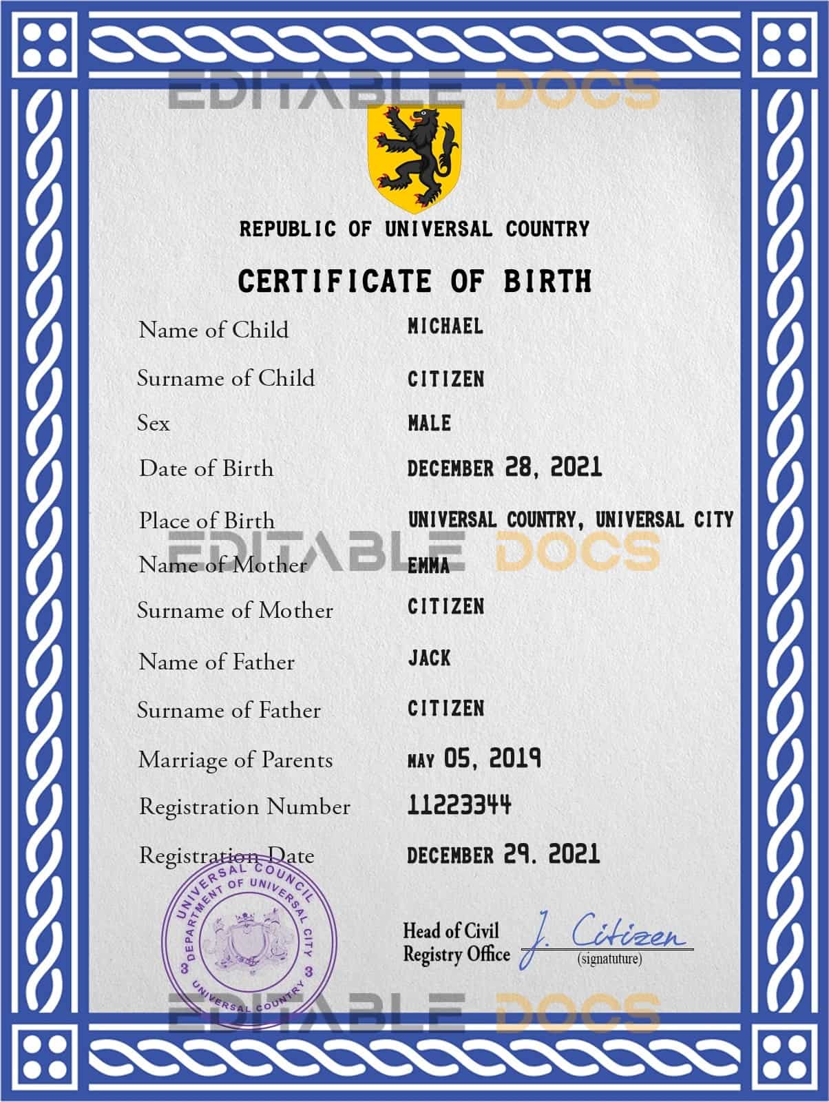 Authentic certificatetastic universal Birth Certificate PSD Template | Customize and Download Online