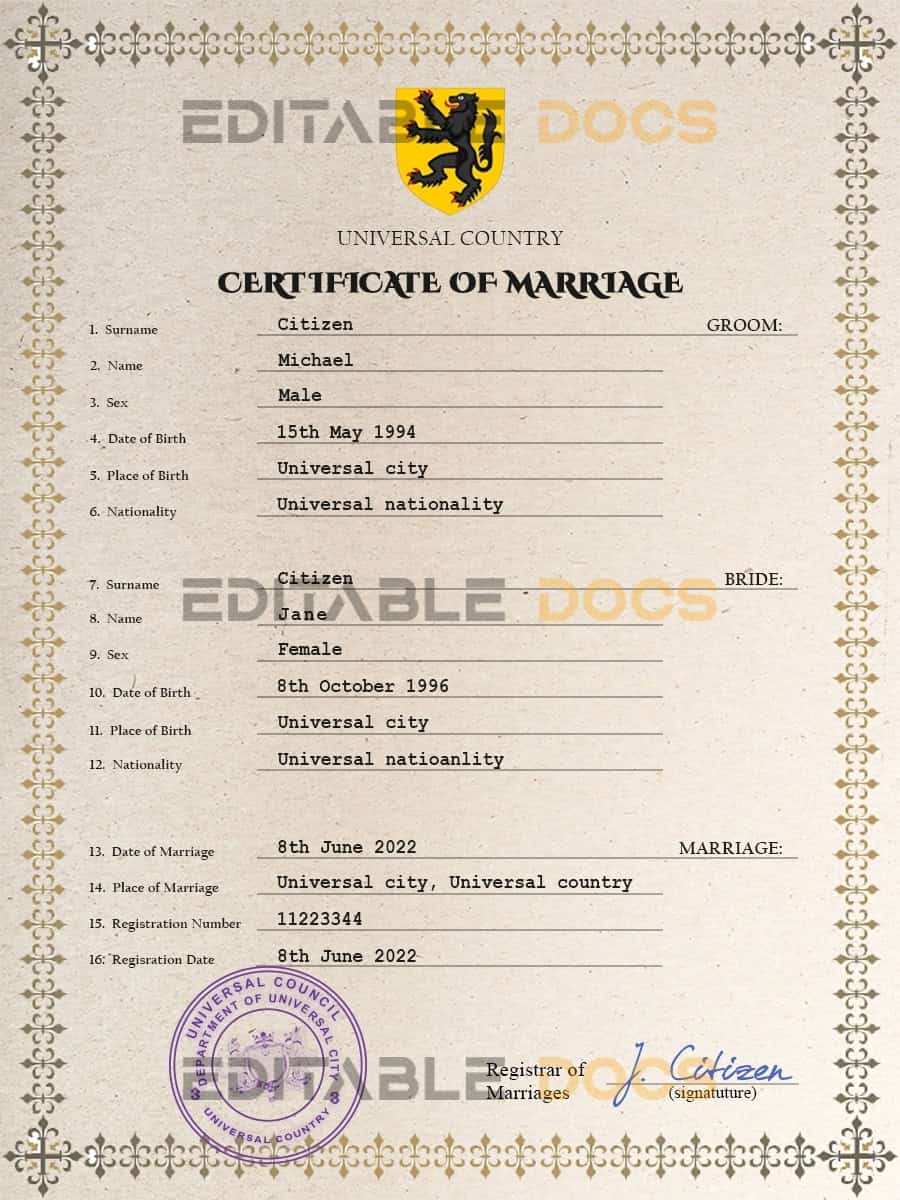 charm universal Marriage Certificate | Editable PSD Templates