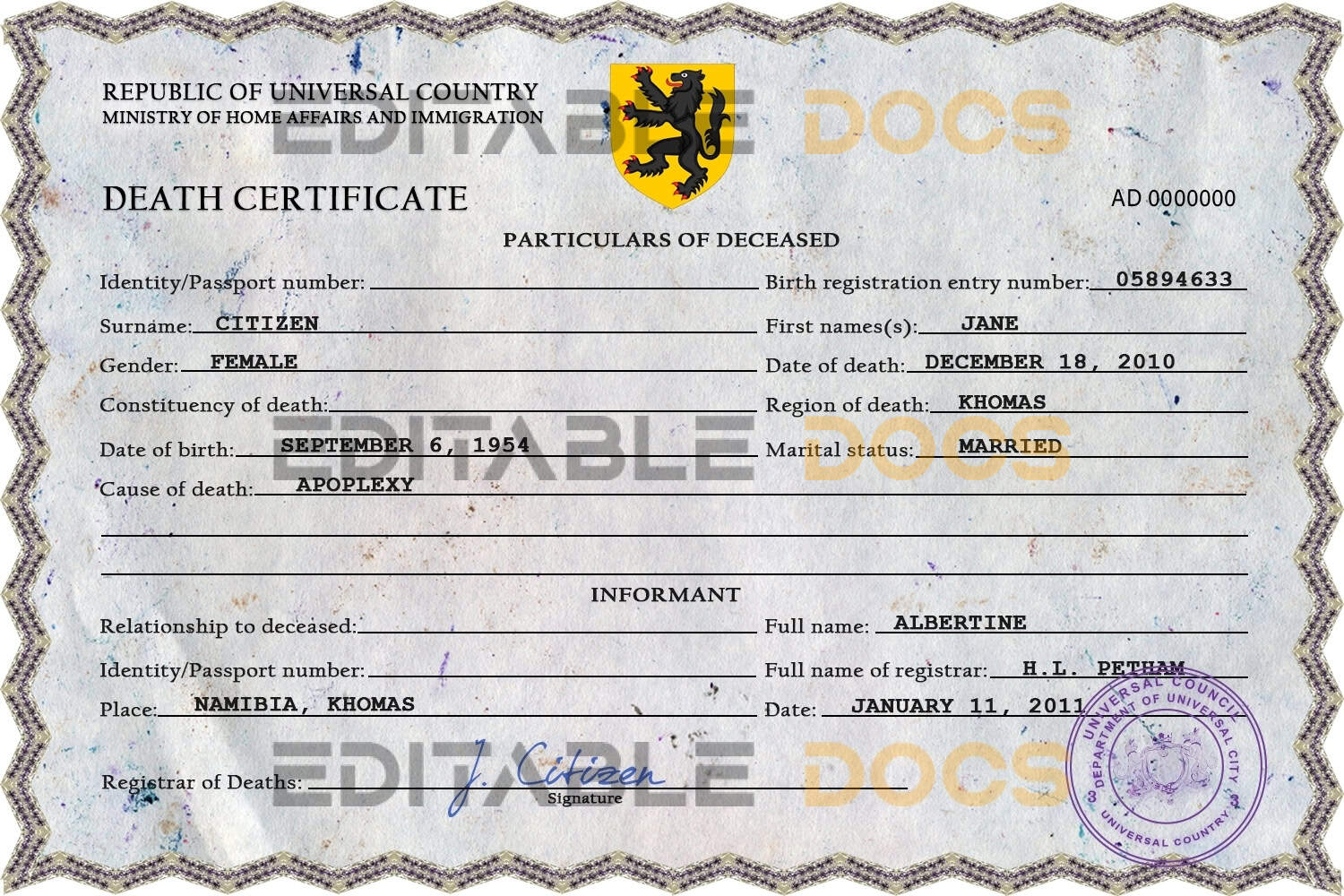 Customizable click Death Certificate PSD Templates | Instant Download