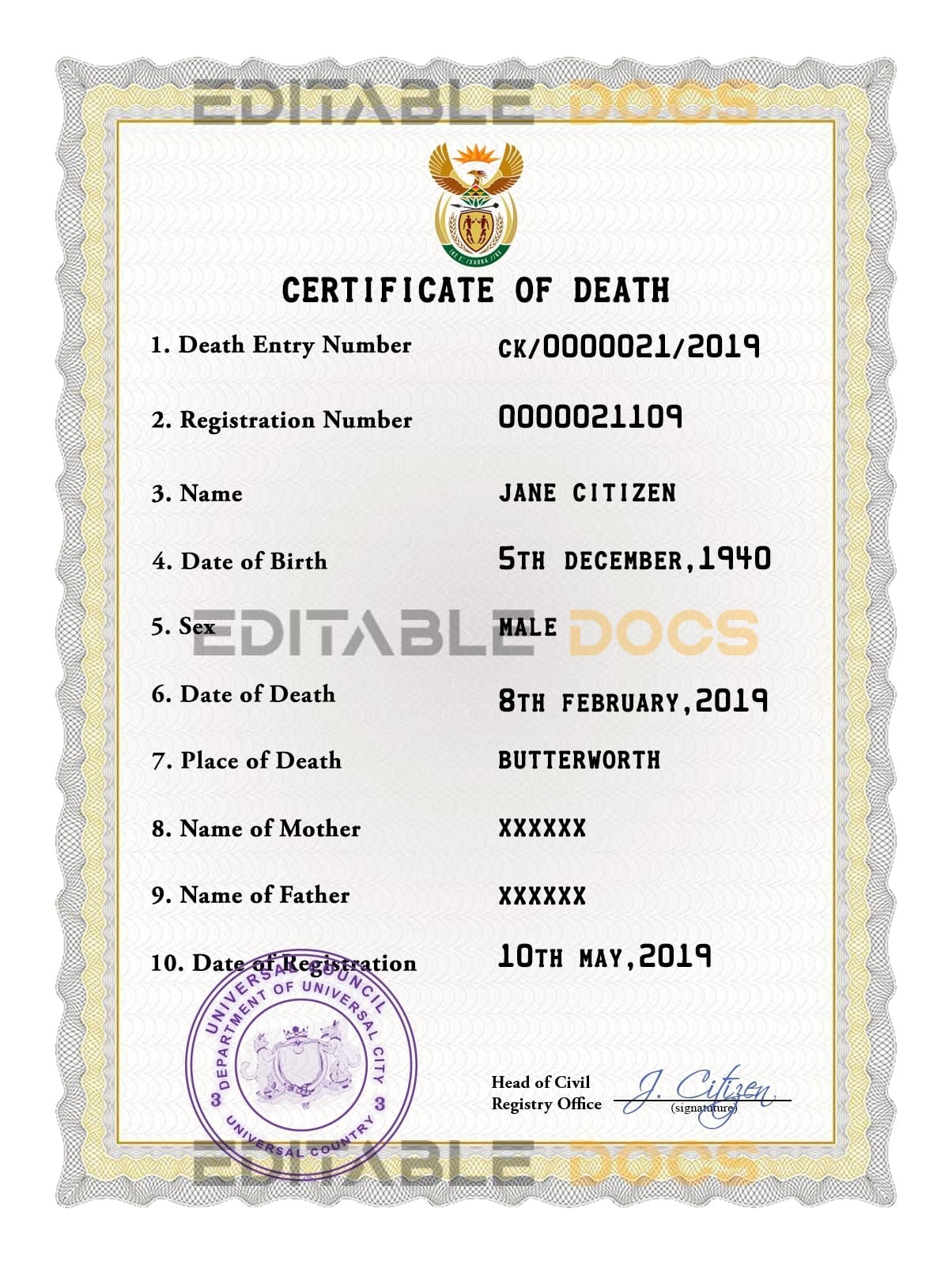 Customizable Coat Optimum Universal Death Certificate PSD Templates | Instant Download