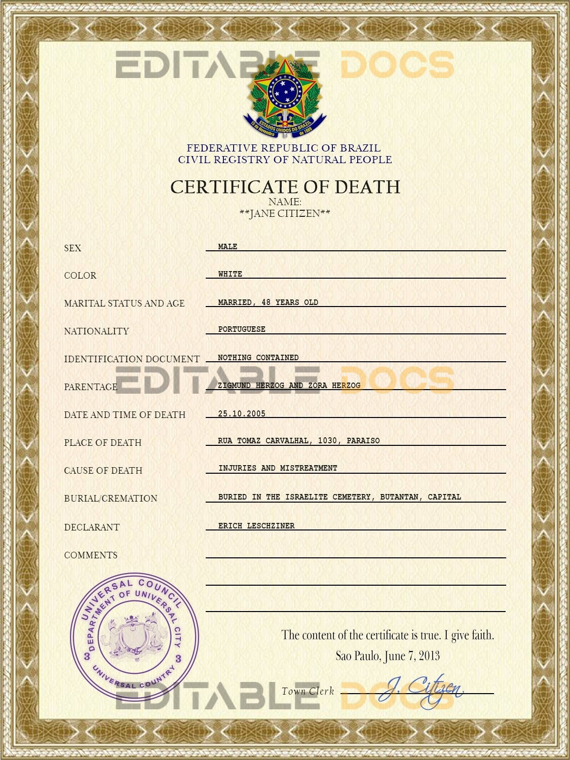 Customizable Coat Super Vital Record Universal Death Certificate PSD Templates | Instant Download