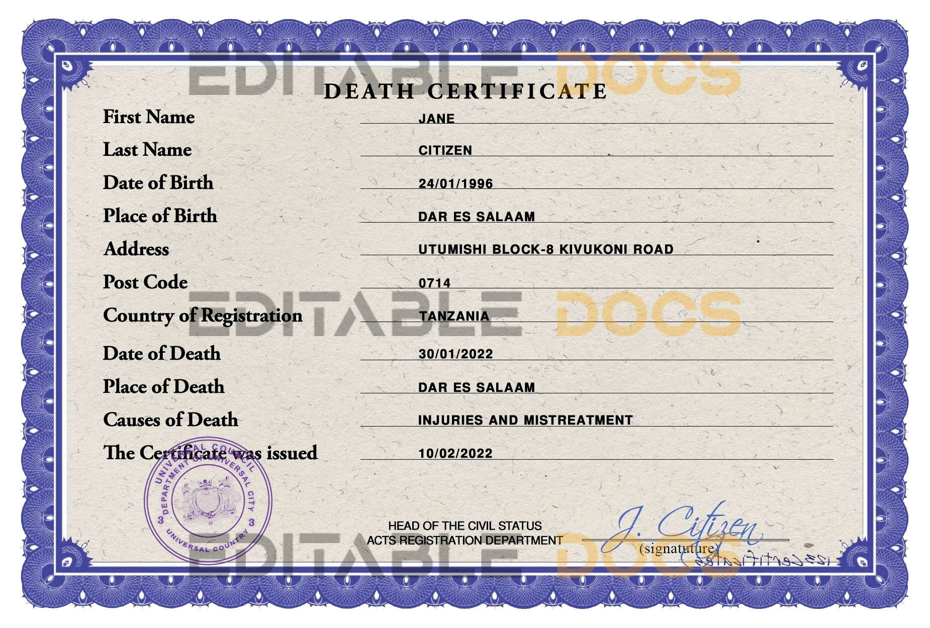 Customizable Death Solutions Universal Death Certificate PSD Templates | Instant Download