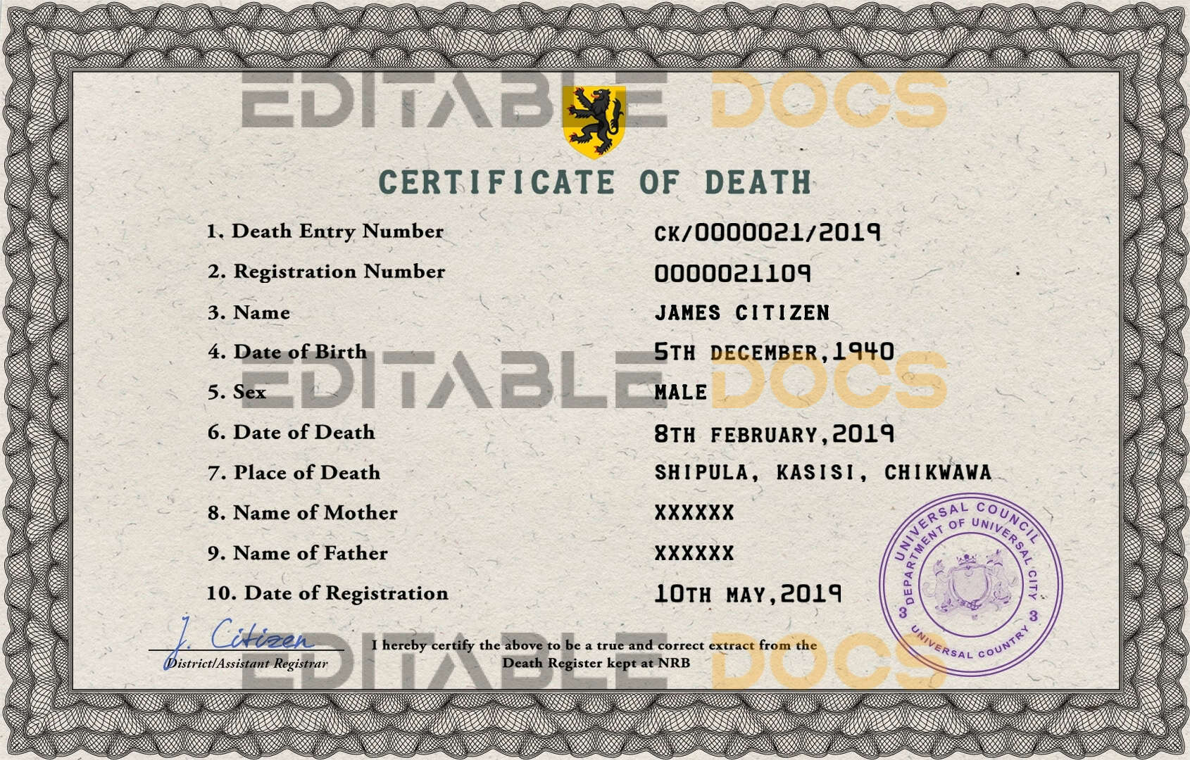 Customizable deathprism Death Certificate PSD Templates | Instant Download