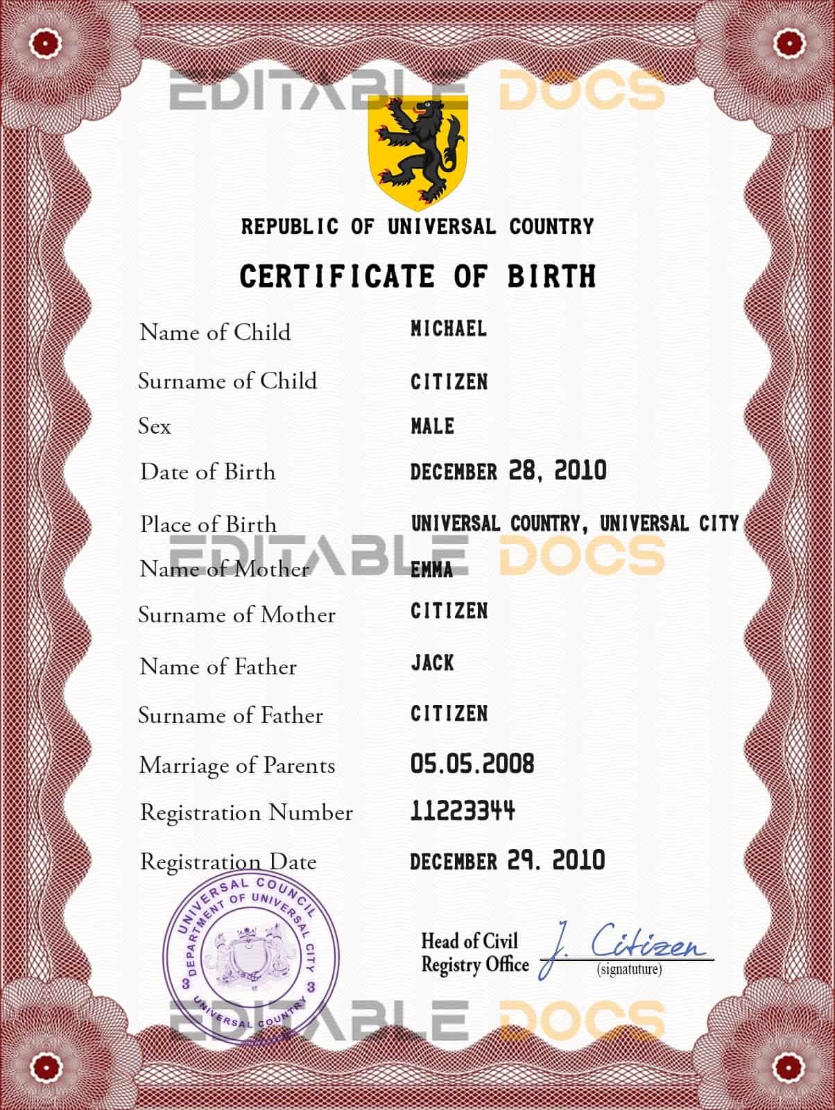 Authentic disclosure universal Birth Certificate PSD Template | Customize and Download Online