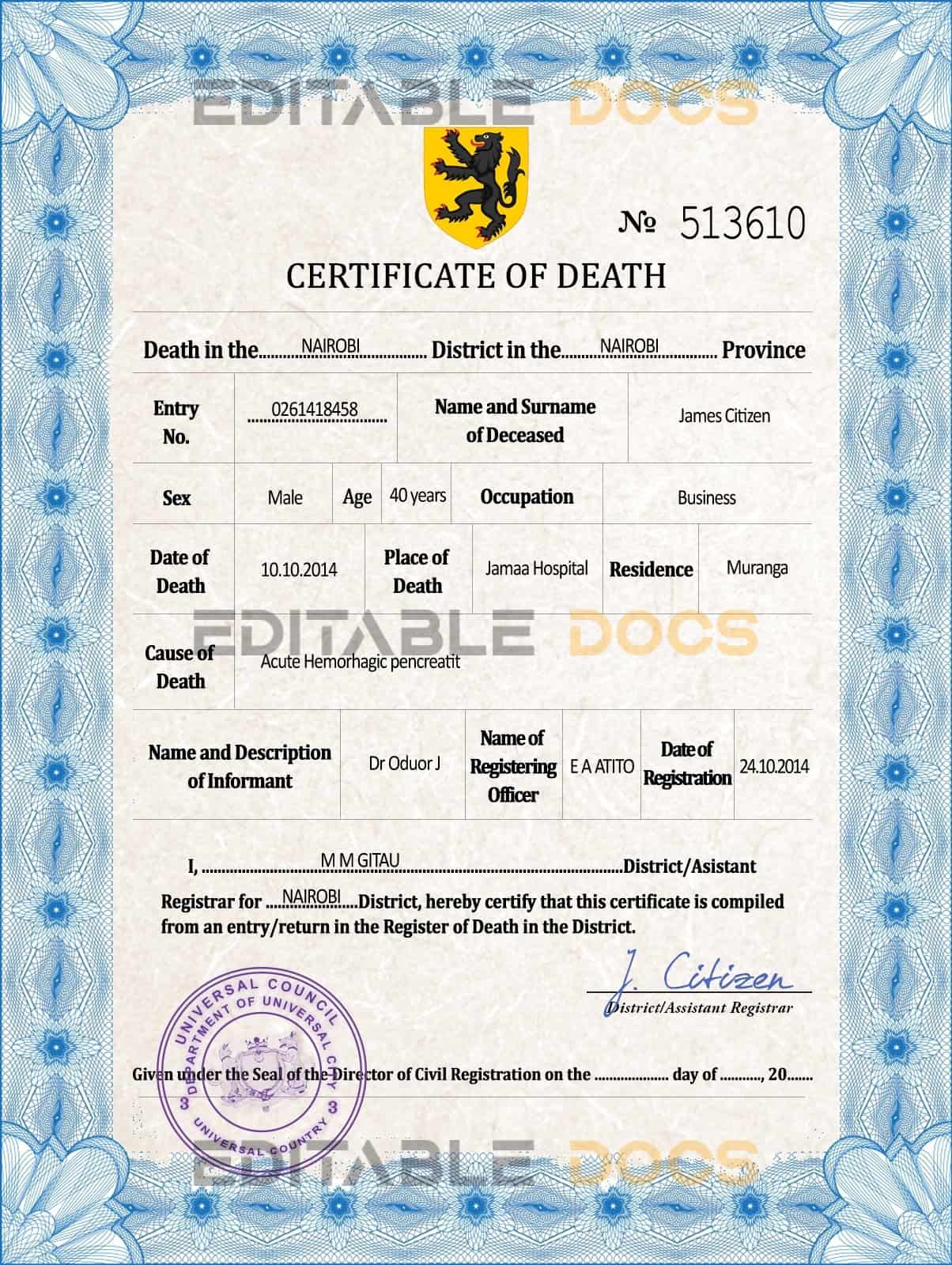 Customizable foster Death Certificate PSD Templates | Instant Download