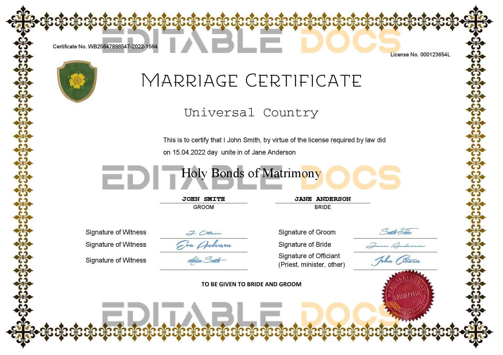 fresh universal Marriage Certificate | Editable PDF Templates