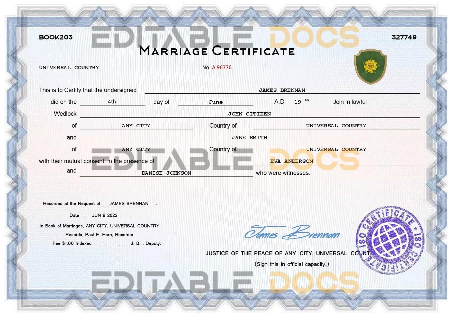 full-frontal universal Marriage Certificate | Editable PDF Templates