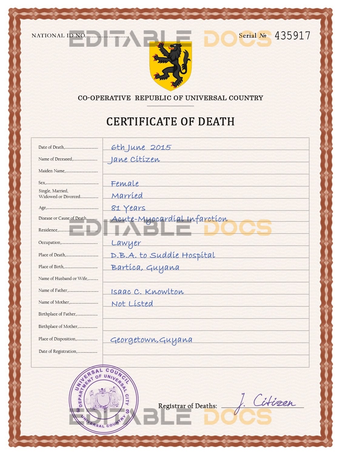 Customizable horizon Death Certificate PSD Templates | Instant Download