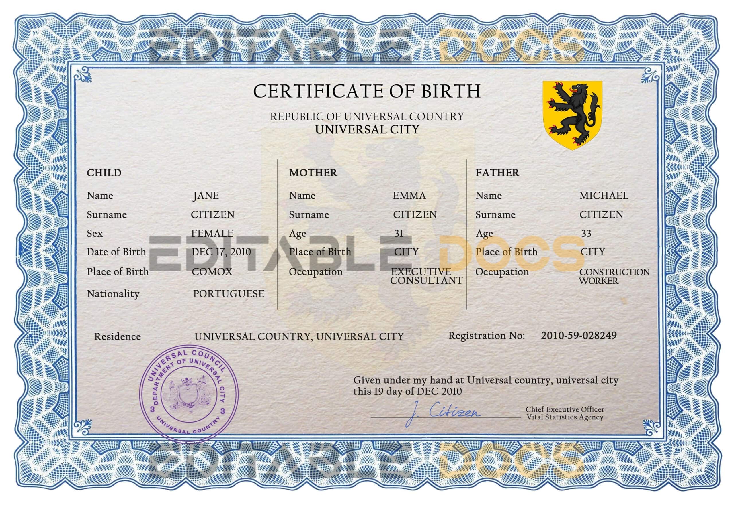 Authentic made universal Birth Certificate PSD Template | Customize and Download Online