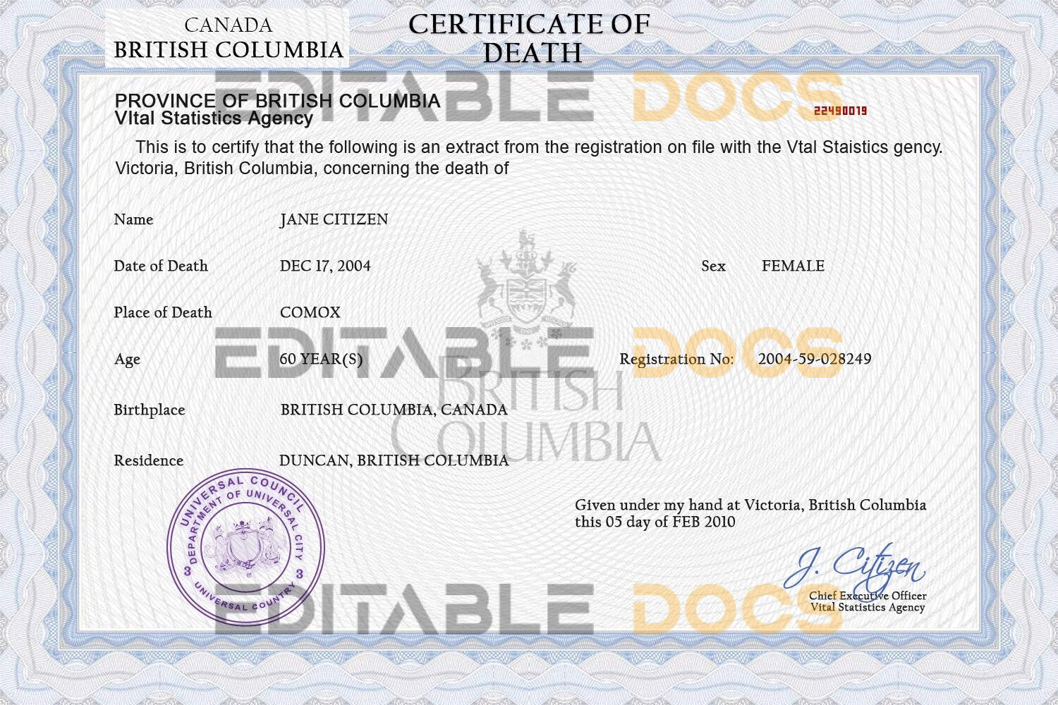 Customizable Of Integrity Universal Death Certificate PSD Templates | Instant Download