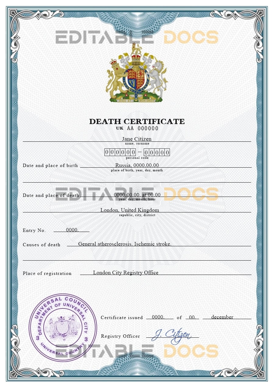 Customizable origin Break Vital Record Universal Death Certificate PSD Templates | Instant Download
