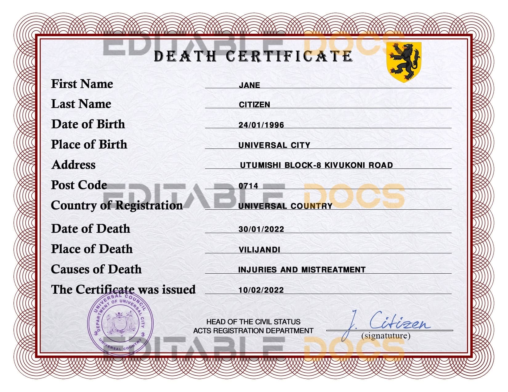 Customizable rave Death Certificate PSD Templates | Instant Download