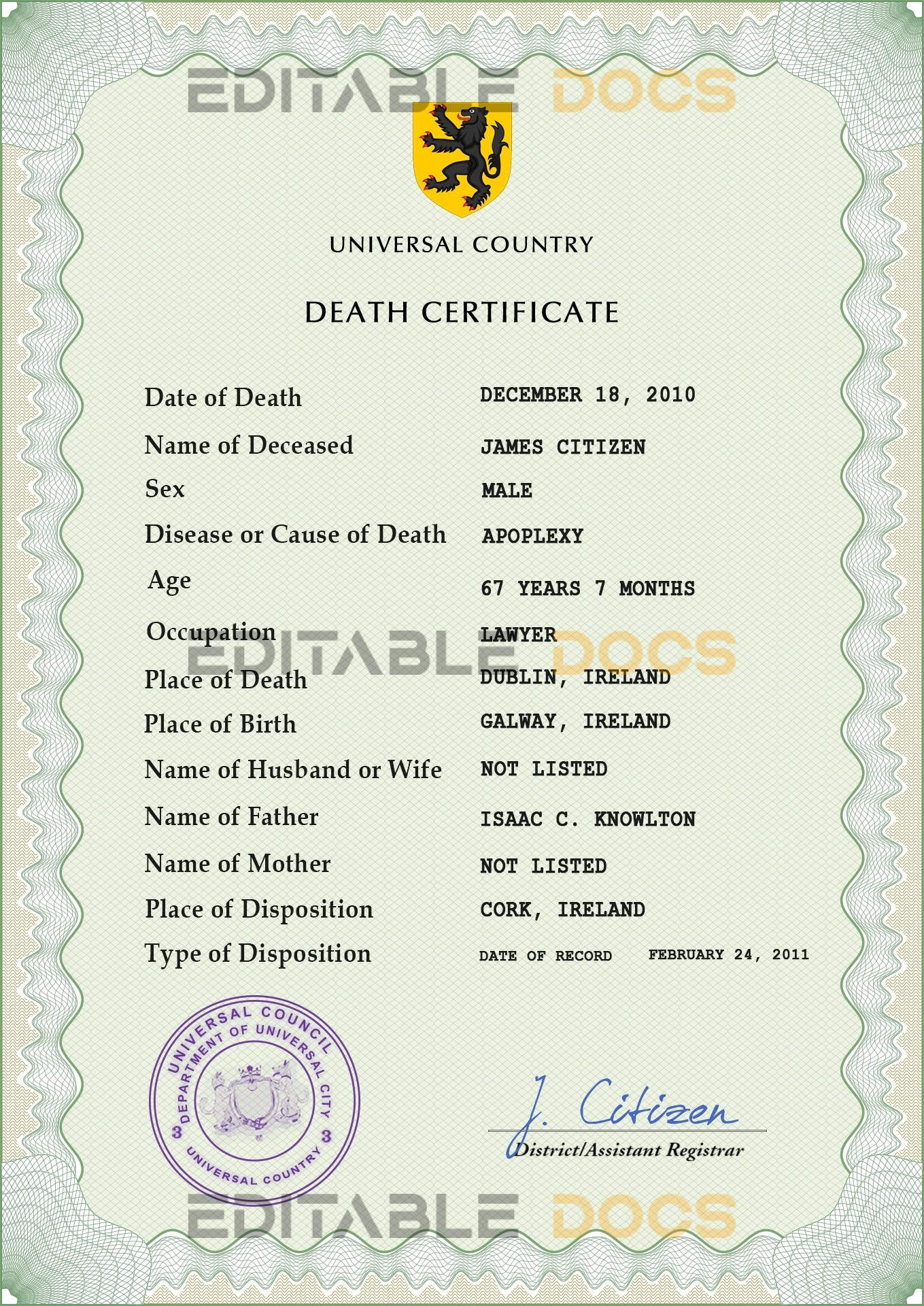 Customizable Redux Vital Record Universal Death Certificate PSD Templates | Instant Download